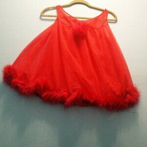 1960s RoVel of California Fuchsia Marabou Feather Hem Baby Doll Nightie Size S